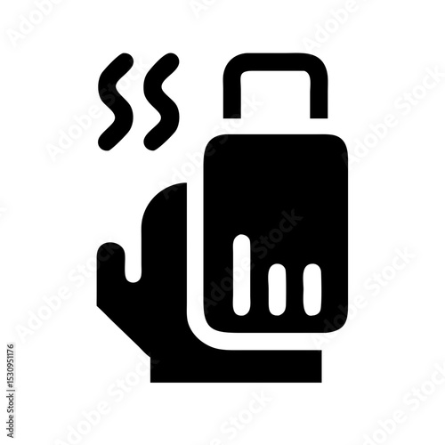 Hand Warmer on Hand Solid Icon: Solid black icon of a hand holding a hand warmer, ideal for winter comfort and cold weather safety concepts.