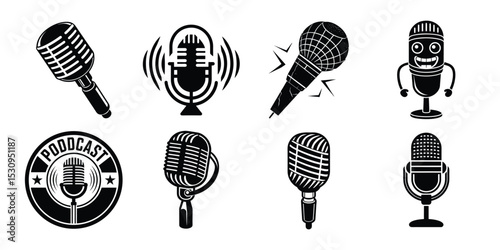 Podcast and Microphone Icons – Audio Recording, Broadcast, Music, Voice Vector Set