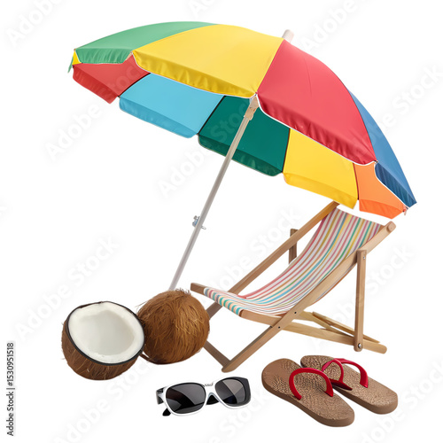Tropical Getaway: Beach Umbrella, Chair, and Coconuts