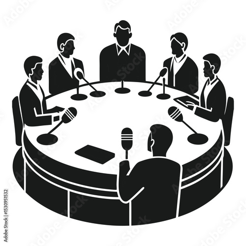 Black vector silhouette pictogram icon set of business people in a circle team meeting