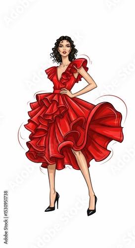 Stylized Fashion Illustration of Woman in Ruffled Red Dress and Black Heels