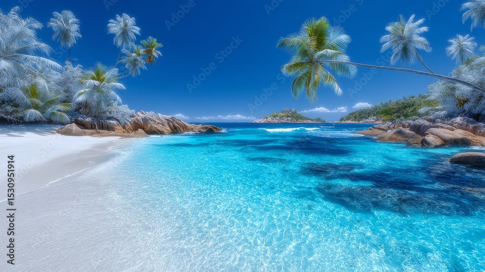Fototapeta premium A wide panoramic background of a stunning tropical beach with white sand and coconut palms makes this banner ideal for travel and tourism, showcasing an amazing beach landscape