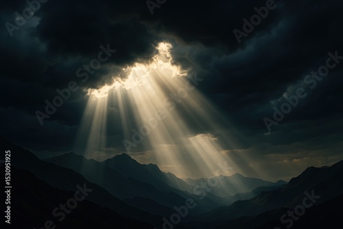 Sunlight beams piercing dark clouds over mountains. Dramatic light rays breaking through storm sky. Hope and spiritual concept.