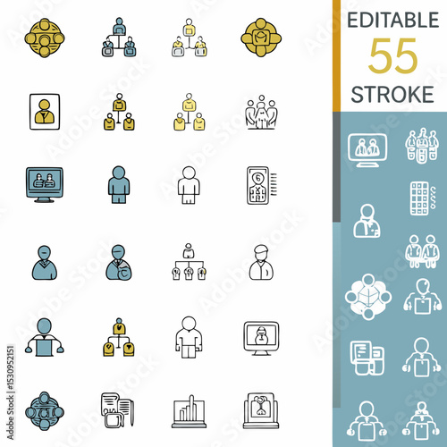 Colored business and management icon set. Editable stroke. Vector illustration