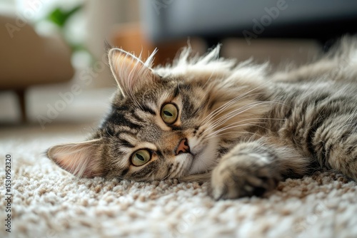 Close-up of a Cozy Tabby Cat Resting on a Soft Surface