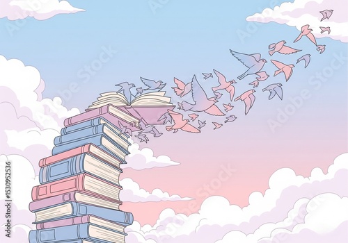Stack of Books Turning Into Flying Birds
