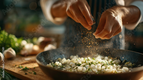 Morning light in a chef's kitchen with fresh ingredients photo