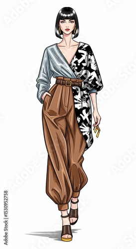 Stylized Illustration of Woman in Asymmetrical Patterned Top and Loose Brown Trousers