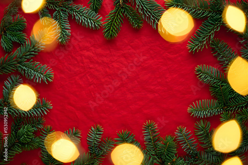 Evergreen boughs and golden lights on a red cloth background