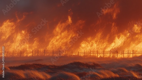 A massive wildfire is sweeping across a grassy field, producing thick smoke, set against a hazy sky, highlighting the potency of natural disasters