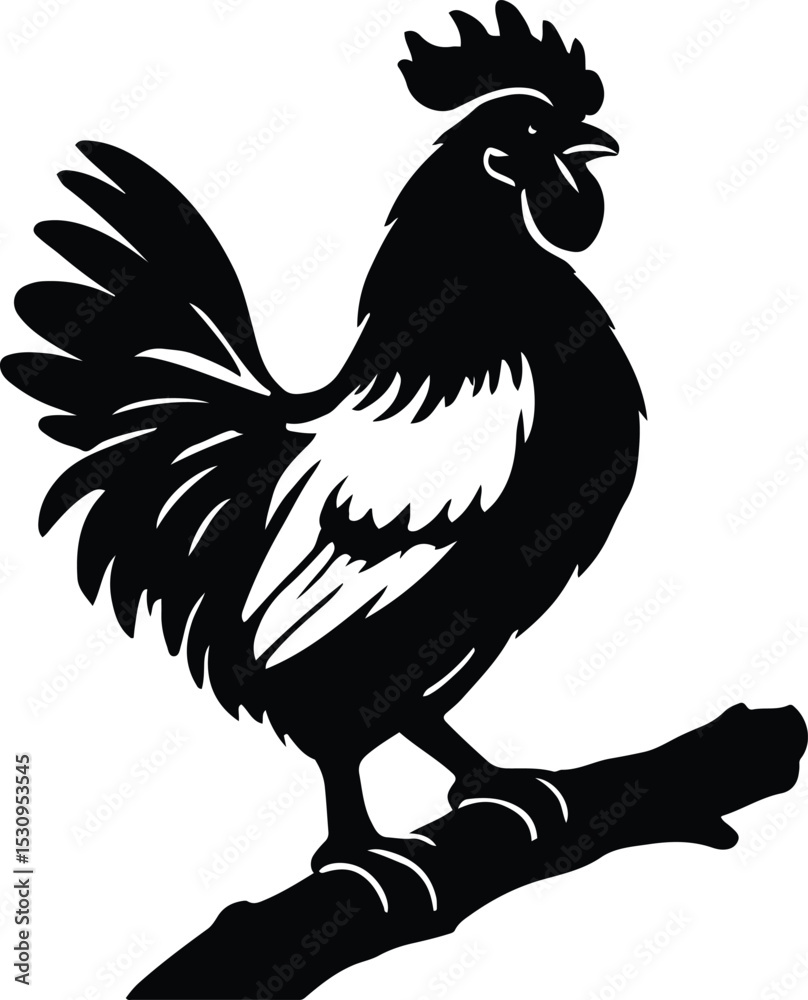 Obraz premium Rooster on branch bold silhouette design, Farm themed chicken graphic black white