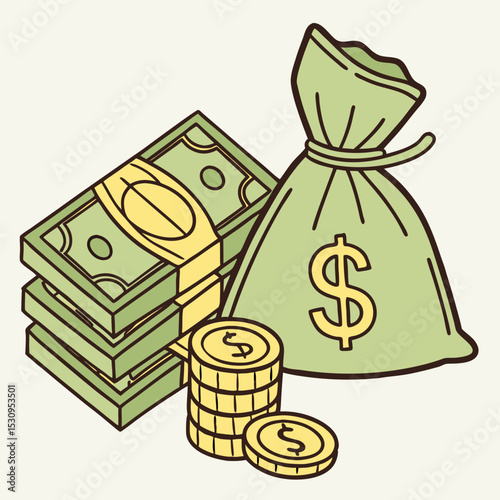 3D Money icon. Rendering with green dollar bills and gold coins. Managing finances, budget, income and expenses. Wealth and Profit. Realistic vector illustration in plasticine .