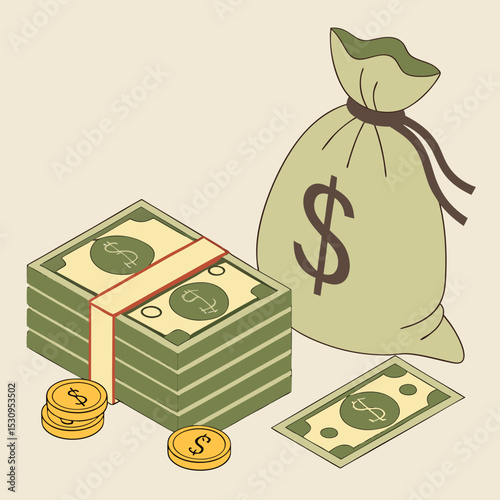 3D Money icon. Rendering with green dollar bills and gold coins. Managing finances, budget, income and expenses. Wealth and Profit. Realistic vector illustration in plasticine .