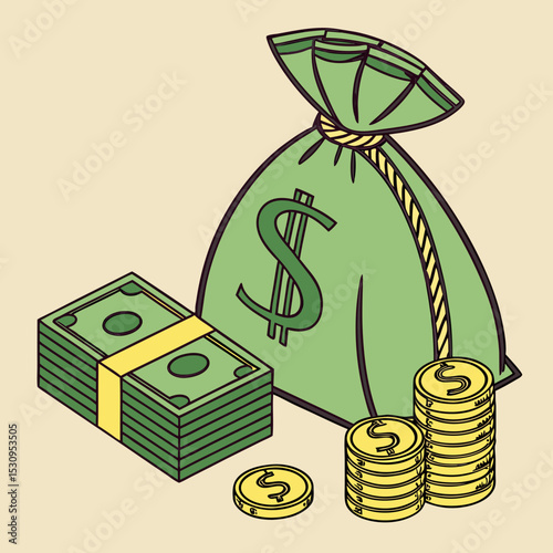 3D Money icon. Rendering with green dollar bills and gold coins. Managing finances, budget, income and expenses. Wealth and Profit. Realistic vector illustration in plasticine .