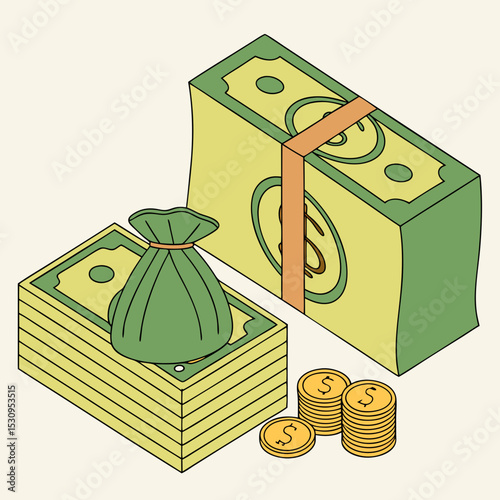 3D Money icon. Rendering with green dollar bills and gold coins. Managing finances, budget, income and expenses. Wealth and Profit. Realistic vector illustration in plasticine .
