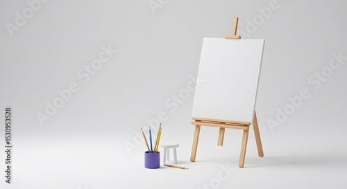 A wooden artist's easel with a blank canvas, paintbrushes, and a small stool.
