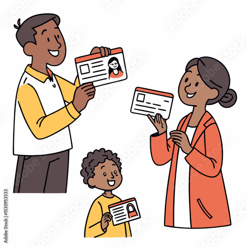 Set of people holding ID card. Happy men, women and children show document with personal data to confirm and verify identity. Flat vector illustration .