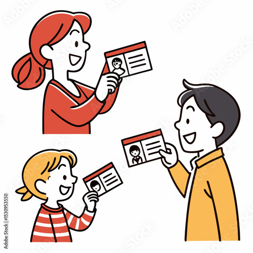 Set of people holding ID card. Happy men, women and children show document with personal data to confirm and verify identity. Flat vector illustration .
