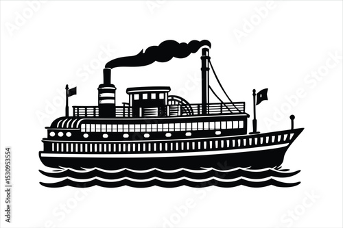 Retro Steam Boat Vector Silhouette Isolated on Transparent