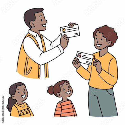 Set of people holding ID card. Happy men, women and children show document with personal data to confirm and verify identity. Flat vector illustration .