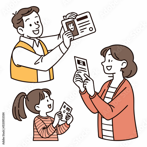 Set of people holding ID card. Happy men, women and children show document with personal data to confirm and verify identity. Flat vector illustration .