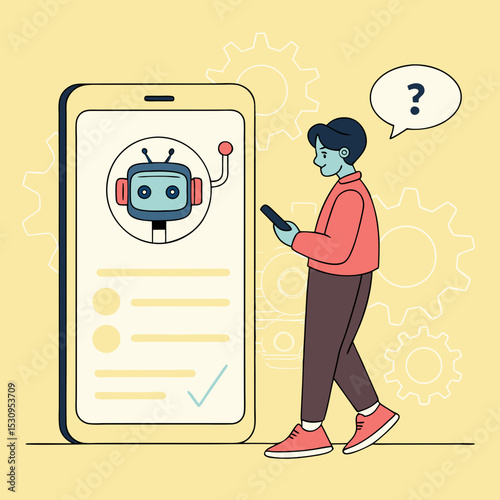 Young guy near smartphone with chatbot. Artificial intelligence and machine learning concept. Modern technologies and innovations. Cartoon flat vector .