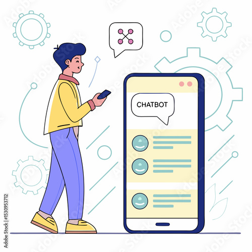 Young guy near smartphone with chatbot. Artificial intelligence and machine learning concept. Modern technologies and innovations. Cartoon flat vector .