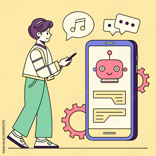 Young guy near smartphone with chatbot. Artificial intelligence and machine learning concept. Modern technologies and innovations. Cartoon flat vector .