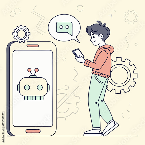 Young guy near smartphone with chatbot. Artificial intelligence and machine learning concept. Modern technologies and innovations. Cartoon flat vector .