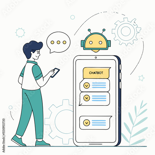 Young guy near smartphone with chatbot. Artificial intelligence and machine learning concept. Modern technologies and innovations. Cartoon flat vector .