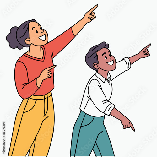 Set of people pointing fingers. Happy men and women showing at you and gesturing. Smiling characters make choices and point to what they want. Flat vector illustration isolated on white .