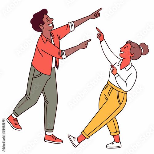 Set of people pointing fingers. Happy men and women showing at you and gesturing. Smiling characters make choices and point to what they want. Flat vector illustration isolated on white .