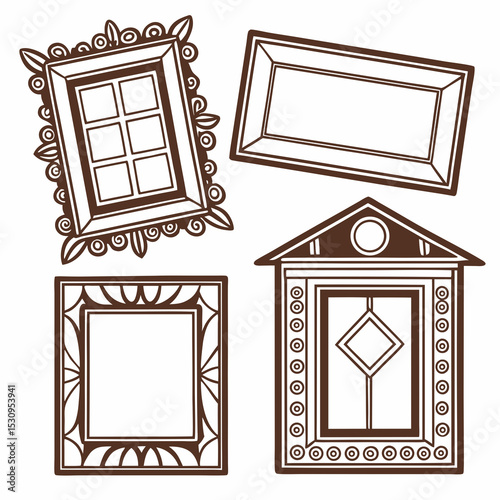 Retro picture frames set. Vintage wooden ornate frames in different geometric shapes. Empty museum borders with Victorian ornament. Flat vector illustration collection isolated on .