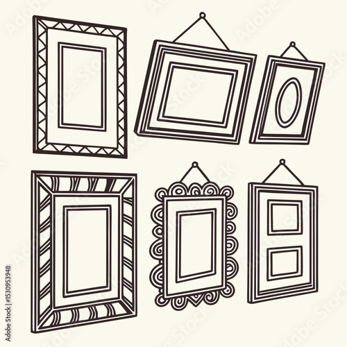 Retro picture frames set. Vintage wooden ornate frames in different geometric shapes. Empty museum borders with Victorian ornament. Flat vector illustration collection isolated on .