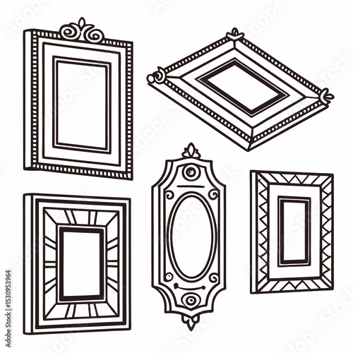 Retro picture frames set. Vintage wooden ornate frames in different geometric shapes. Empty museum borders with Victorian ornament. Flat vector illustration collection isolated on .