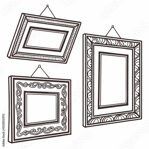 Retro picture frames set. Vintage wooden ornate frames in different geometric shapes. Empty museum borders with Victorian ornament. Flat vector illustration collection isolated on .