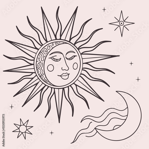 Sun logo design templates. Vector set of linear boho icon and symbols. Minimalistic line art design elements for decorating, social network, and poster. Abstract collection isolated on pink .
