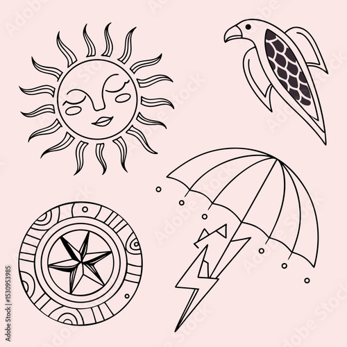 Sun logo design templates. Vector set of linear boho icon and symbols. Minimalistic line art design elements for decorating, social network, and poster. Abstract collection isolated on pink .