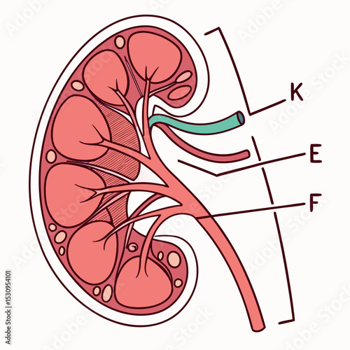 Kidney nephron anatomy. Medical diagram with structure of internal organs, tissues and cells. Functional unit of kidney and excretory system. Cartoon flat vector illustration isolated on .
