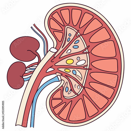 Kidney nephron anatomy. Medical diagram with structure of internal organs, tissues and cells. Functional unit of kidney and excretory system. Cartoon flat vector illustration isolated on .