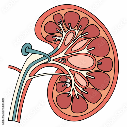 Kidney nephron anatomy. Medical diagram with structure of internal organs, tissues and cells. Functional unit of kidney and excretory system. Cartoon flat vector illustration isolated on .