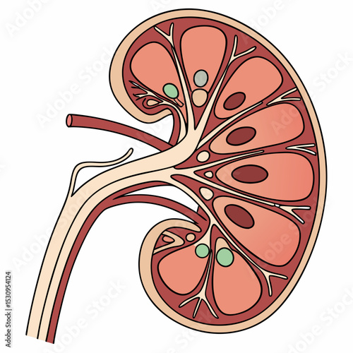 Kidney nephron anatomy. Medical diagram with structure of internal organs, tissues and cells. Functional unit of kidney and excretory system. Cartoon flat vector illustration isolated on .
