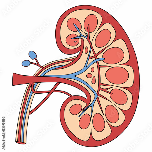 Kidney nephron anatomy. Medical diagram with structure of internal organs, tissues and cells. Functional unit of kidney and excretory system. Cartoon flat vector illustration isolated on .