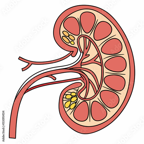Kidney nephron anatomy. Medical diagram with structure of internal organs, tissues and cells. Functional unit of kidney and excretory system. Cartoon flat vector illustration isolated on .