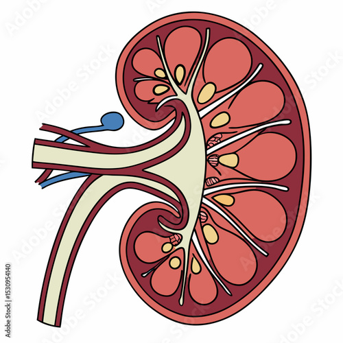 Kidney nephron anatomy. Medical diagram with structure of internal organs, tissues and cells. Functional unit of kidney and excretory system. Cartoon flat vector illustration isolated on .