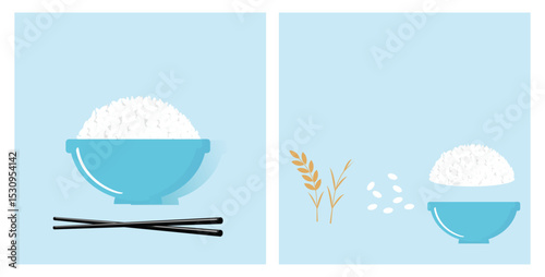 Rice bowl with chopsticks, rice plant, rice seeds icon signs on blue backgrounds vector. 