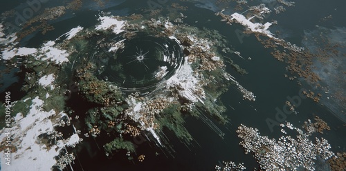 Concept of climate change and environmental impact represented by a small Earth globe floating on an island surrounded by water