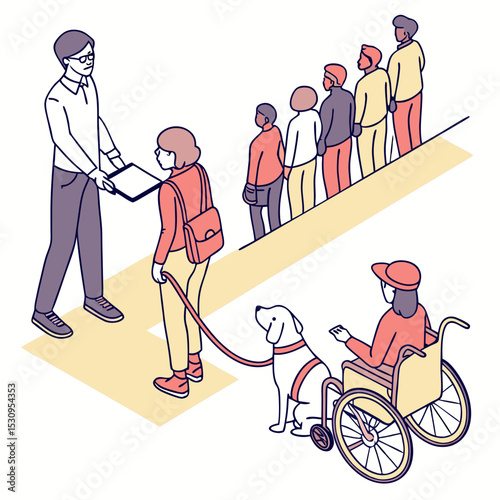Large set of disabled people in the workplace with a blind man and dog, girl with prosthetics and wheel chair users, flat cartoon colored vector .