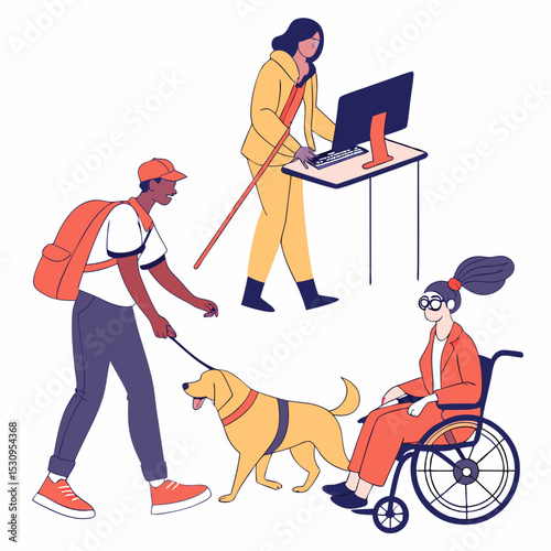 Large set of disabled people in the workplace with a blind man and dog, girl with prosthetics and wheel chair users, flat cartoon colored vector .