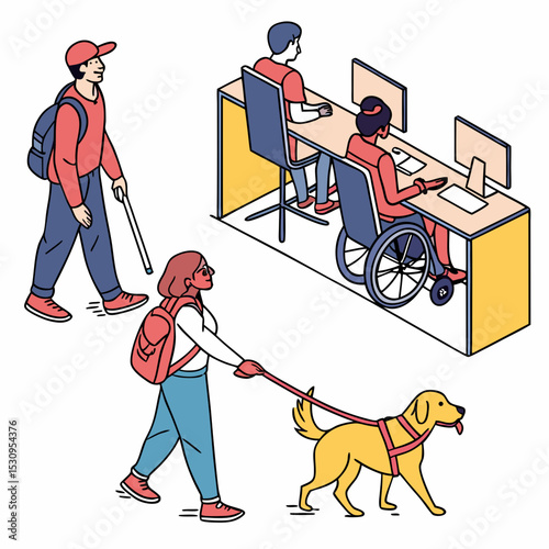 Large set of disabled people in the workplace with a blind man and dog, girl with prosthetics and wheel chair users, flat cartoon colored vector .